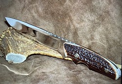#60 - Nolen Full Tang Drop Proint with two finger grooves with filework.  Made with 440c.  Handle is stag horn.  $350